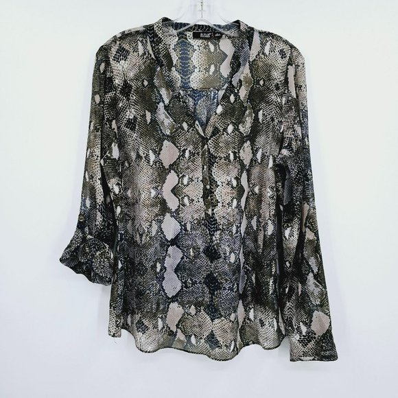ANA A New Approach Popover Blouse L Blue Green Snake Print Semi Sheer Tab Sleeve - Picture 4 of 13
